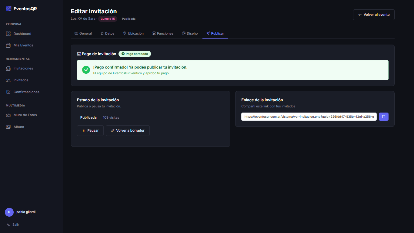 Publicar: estado pago y enlace